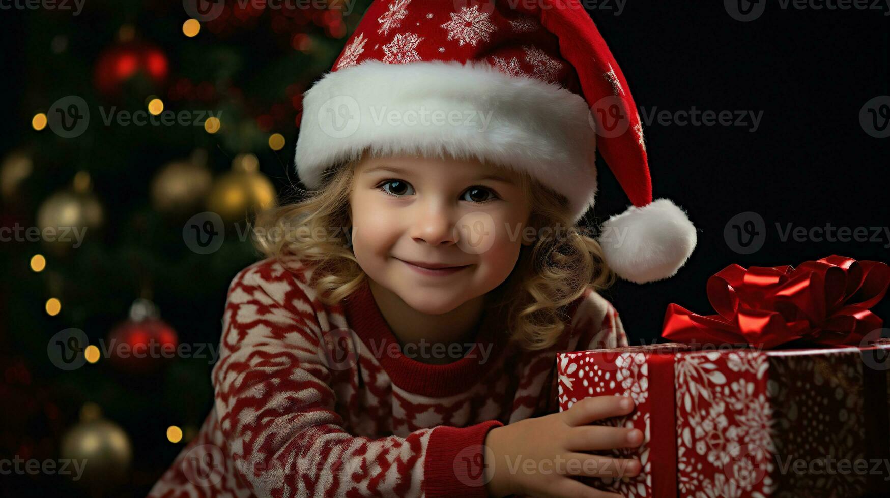 ai generativo. carino poco ragazza nel Santa cappello con regalo scatola su Natale sfondo foto