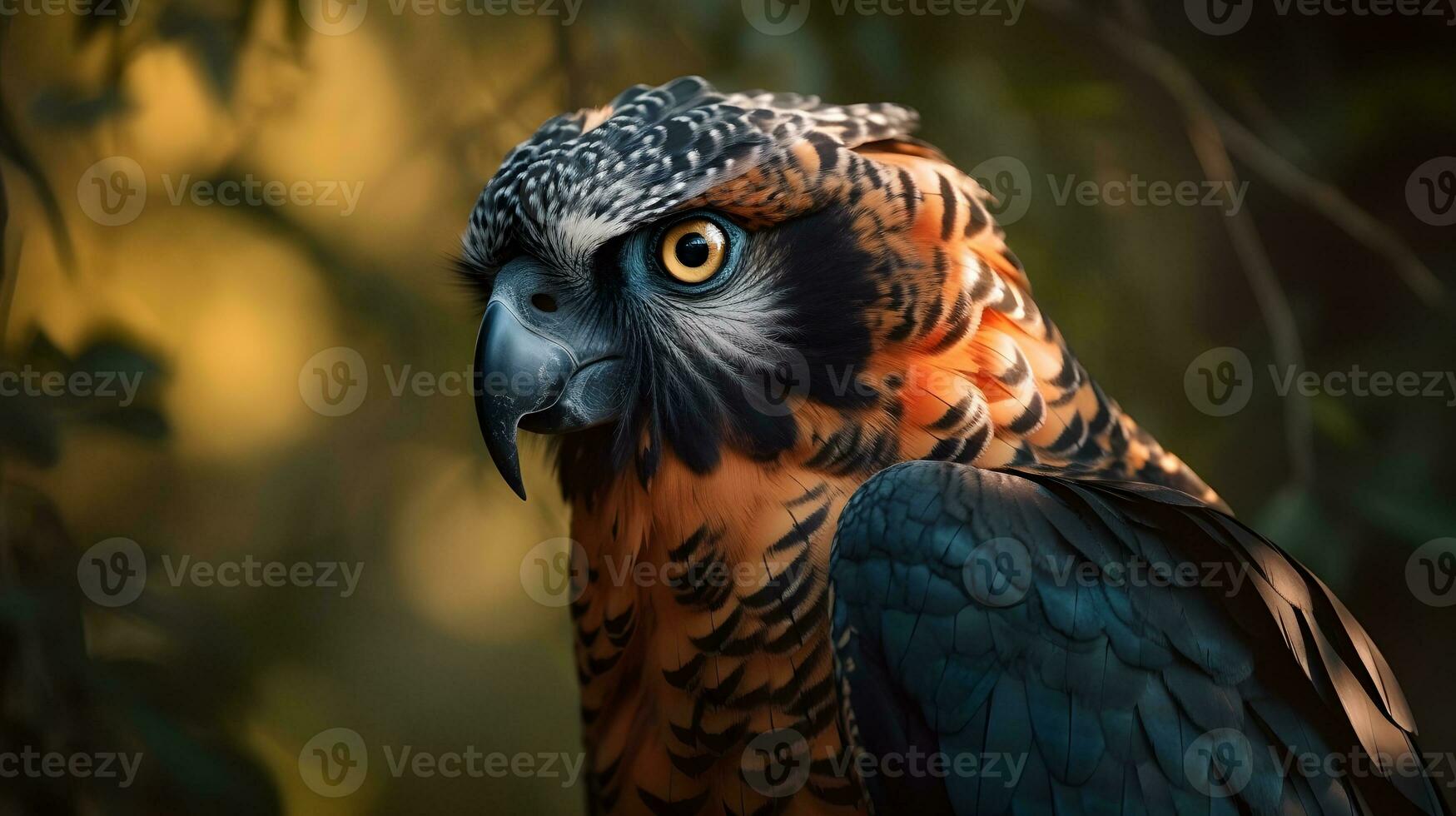 vicino su di ornato falco aquila con natura sfondo. ai generato. foto