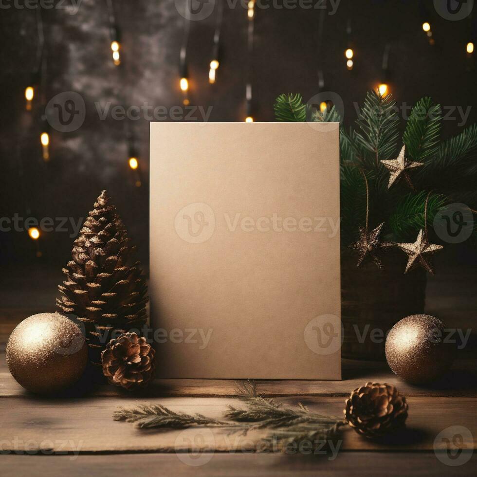 ai generativo. Natale saluto carta modello con abete albero rami e Natale decorazioni su di legno sfondo foto