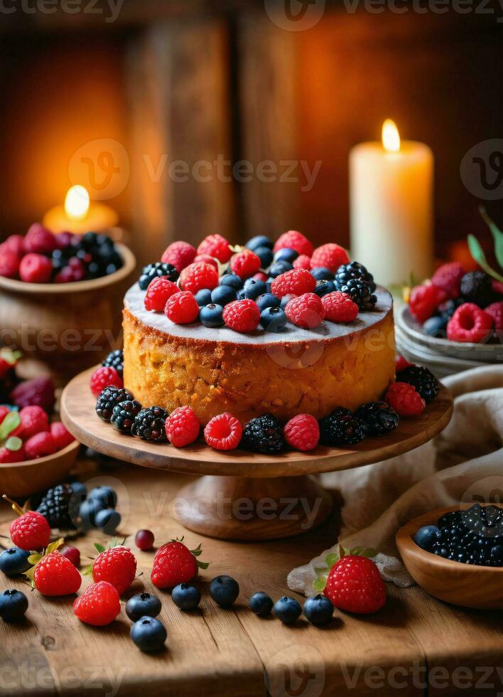 foto di il torta decorato con frutti di bosco su il di legno tavolo con candele ai generativo