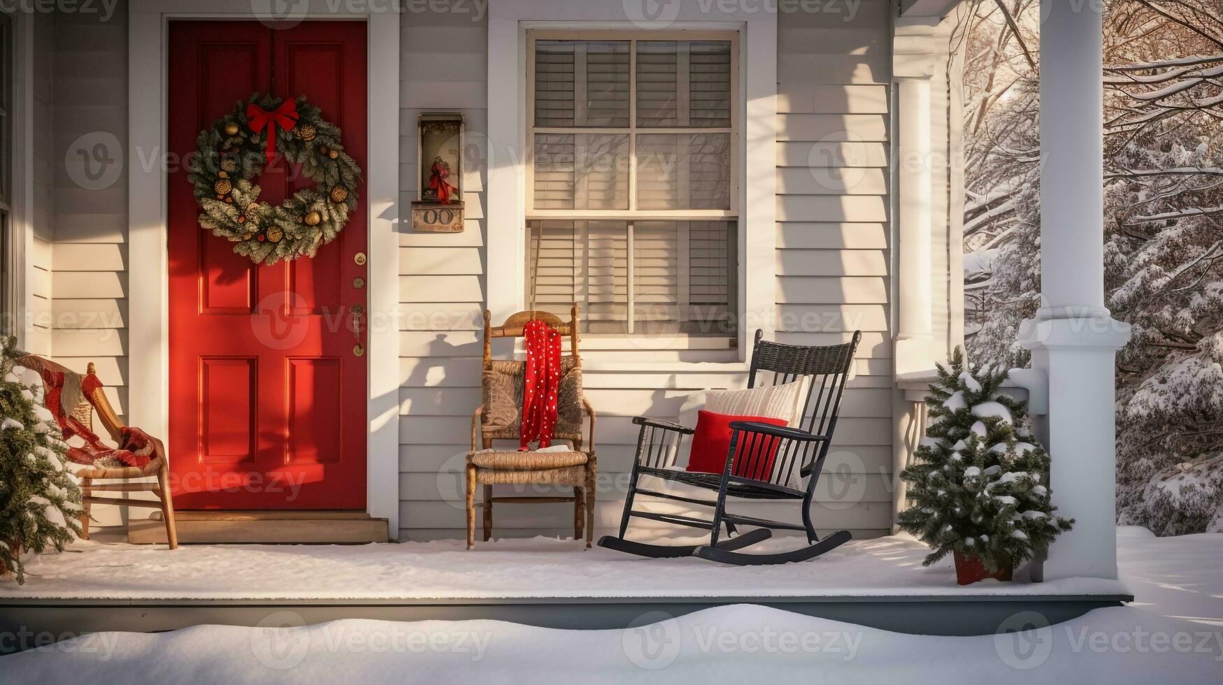 Natale ghirlanda su il veranda di un' Casa con rosso di legno a dondolo sedia ai generativo foto