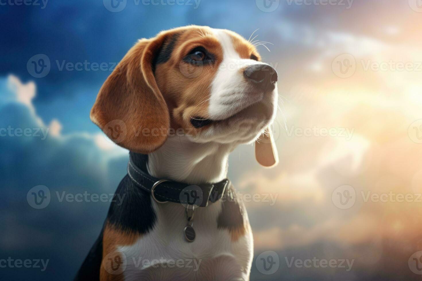 ritratto di un' di razza di razza beagle cane contro il sfondo di un' chiaro blu cielo. con copia spazio. avvicinamento. per manifesti, banner e pubblicità. mostrare via il eleganza ai generato foto