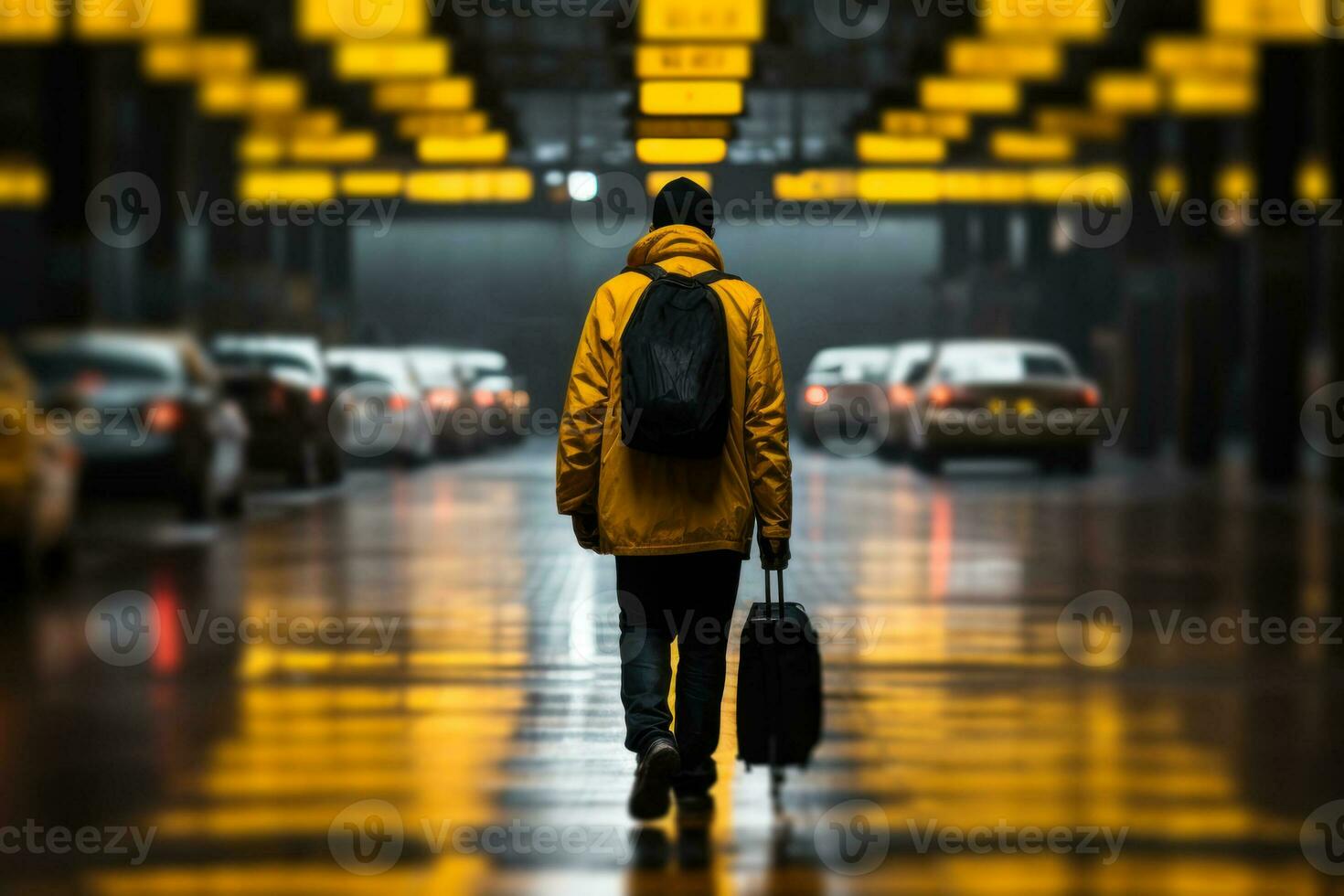 giovane uomo con bagaglio passeggiate lungo il strada Il prossimo per un' Taxi generativo ai foto