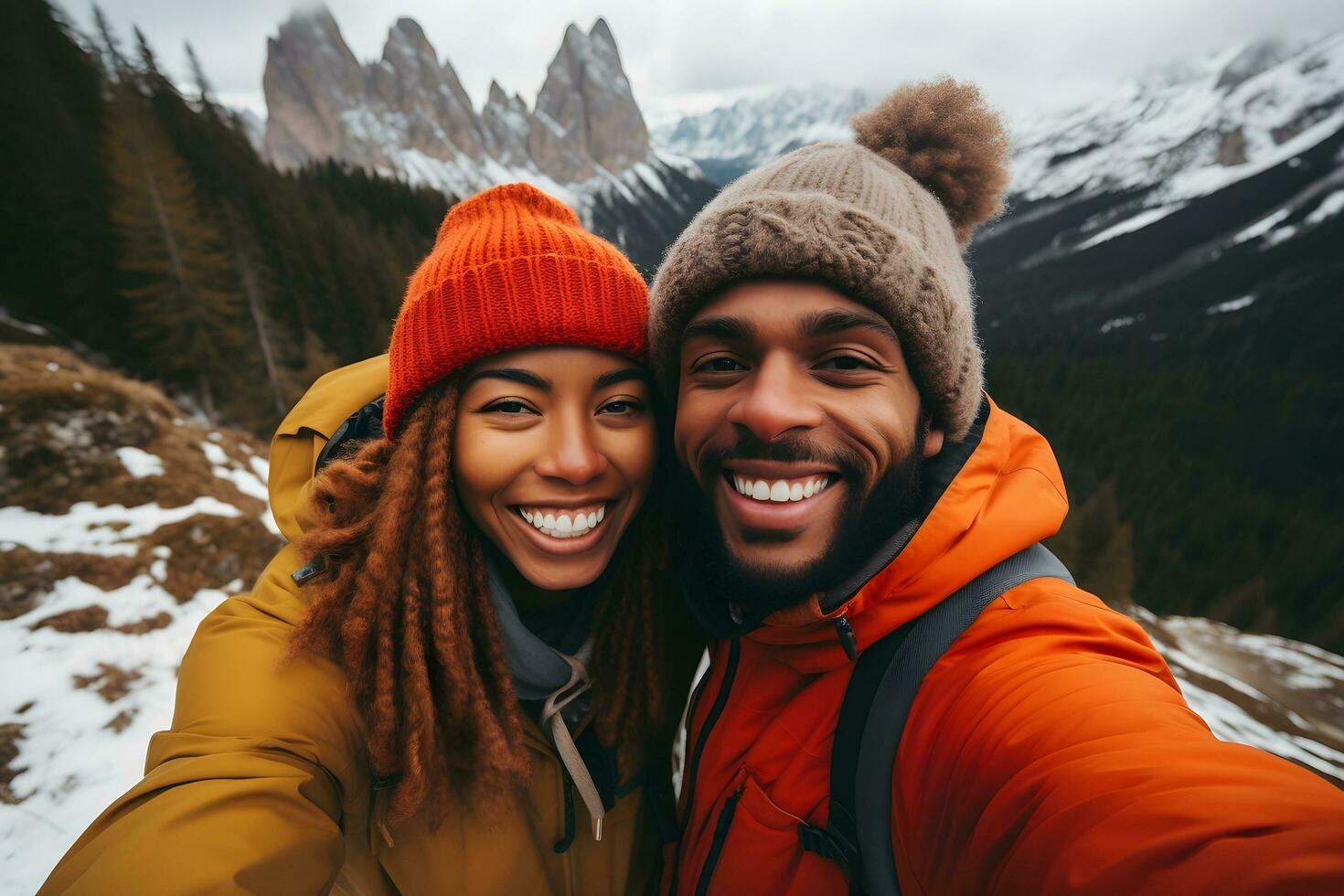 un' coppia assunzione un' autoscatto nel il montagne. ai generativo foto