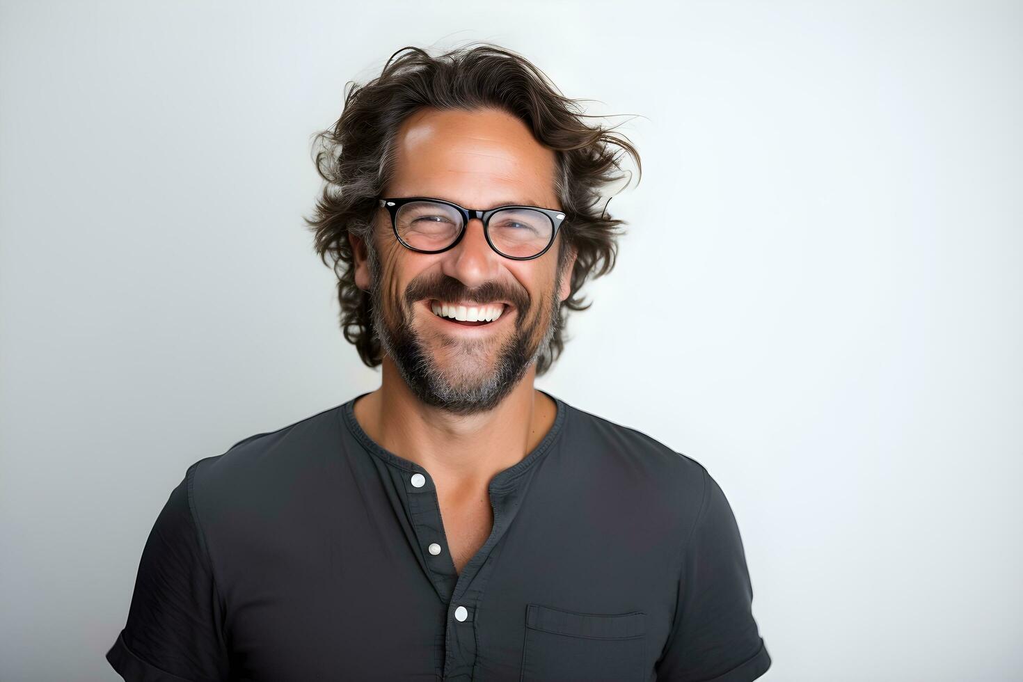 un' uomo con bicchieri e un' barba sorrisi. ai generativo foto