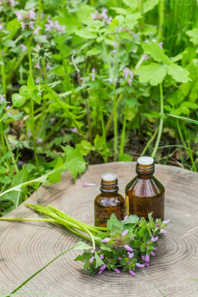 farmaceutico bottiglia di medicina a partire dal timo volgare, Comune timo, Tedesco, giardino o appena timo su un' di legno tavolo. preparazione di medicinale impianti. pronto pozione di erba. etnoscienza. foto