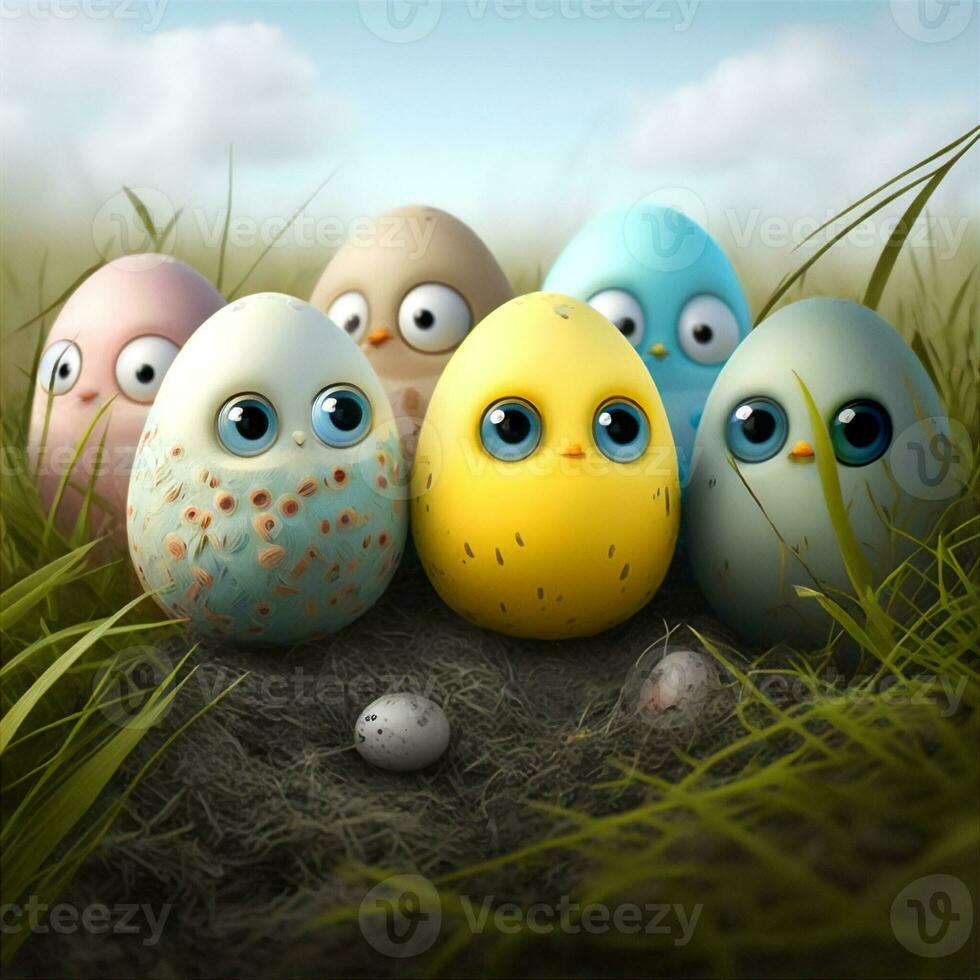 carino multicolore uova simile per cypliti con occhi nel il erba. Pasqua uovo caccia. Pasqua carta. generativo ai foto