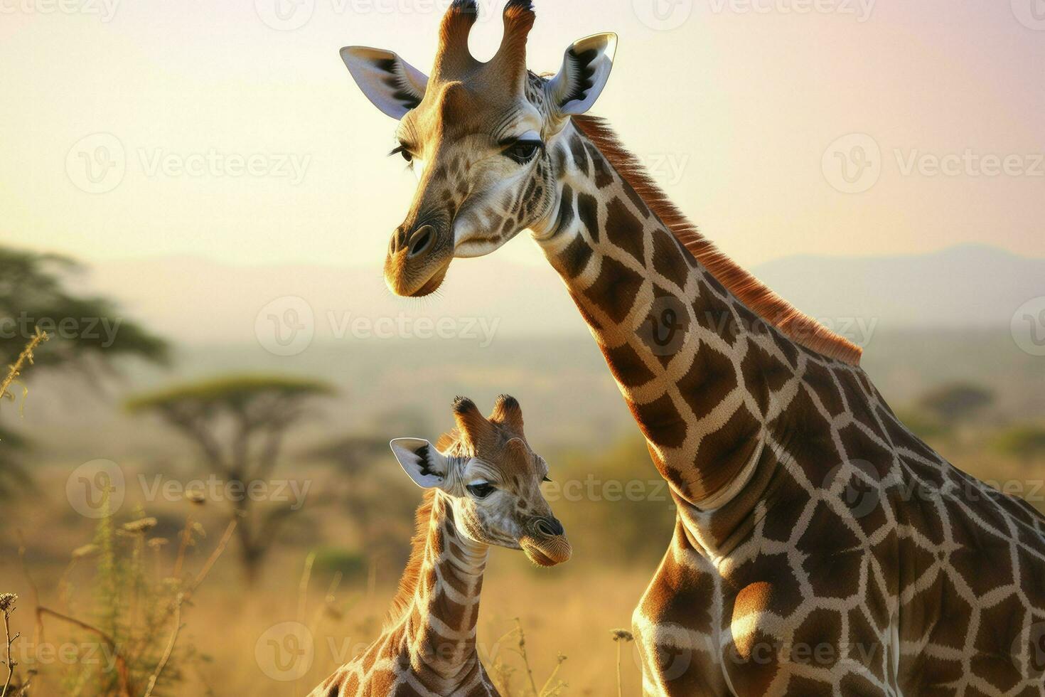 avvicinamento ritratto giraffa e bambino giraffa su blu cielo sfondo guardare fuori uso, ai generato foto