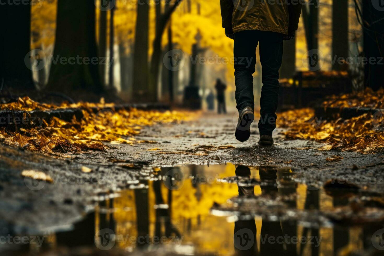 un' uomo passeggiate attraverso un autunno parco con d'oro fogliame dopo il pioggia generativo ai foto