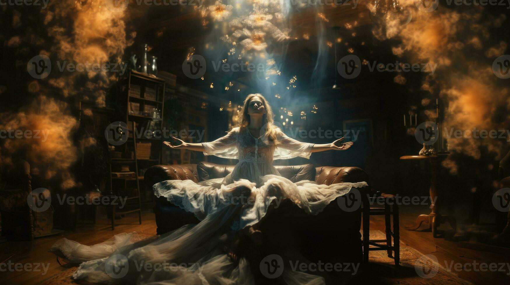dea ragazza è meditando. fantasia donna levitante nel camera. astratto artistico dimensionale galattico nebulosa. foto