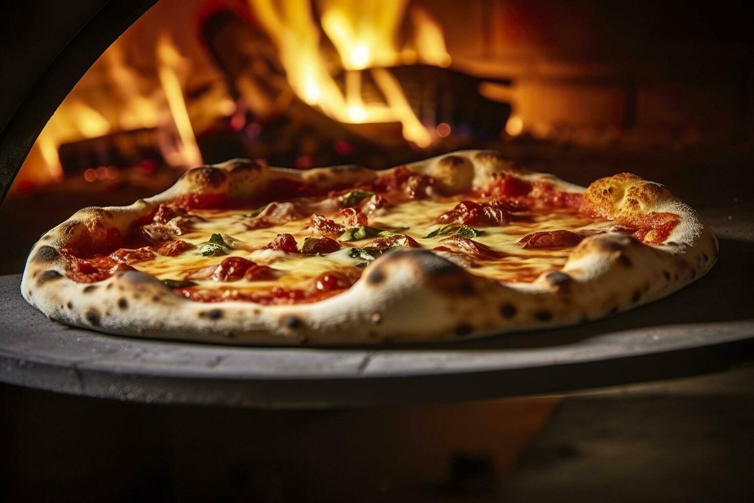 appena al forno Pizza avvicinamento, tradizionale legna licenziato forno sfondo. ai generato foto