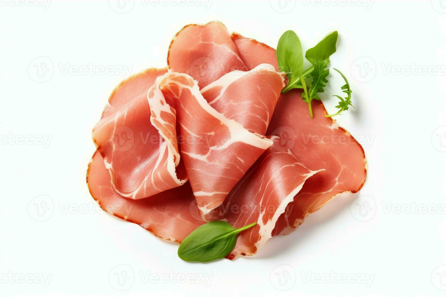 fette di gustoso prosciutto e basilico le foglie isolato su bianca. creare ai foto