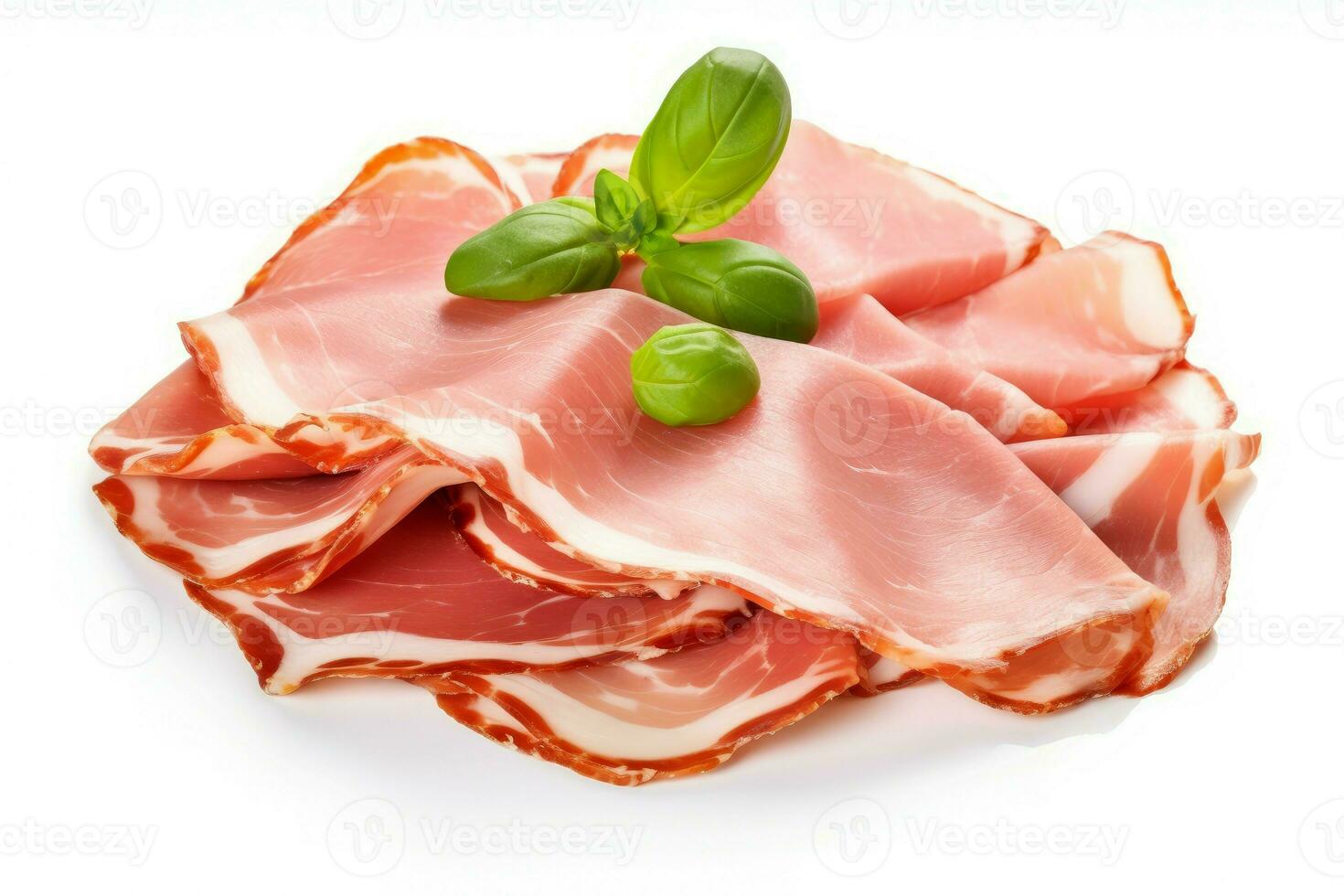 fette di gustoso prosciutto e basilico le foglie. creare ai foto