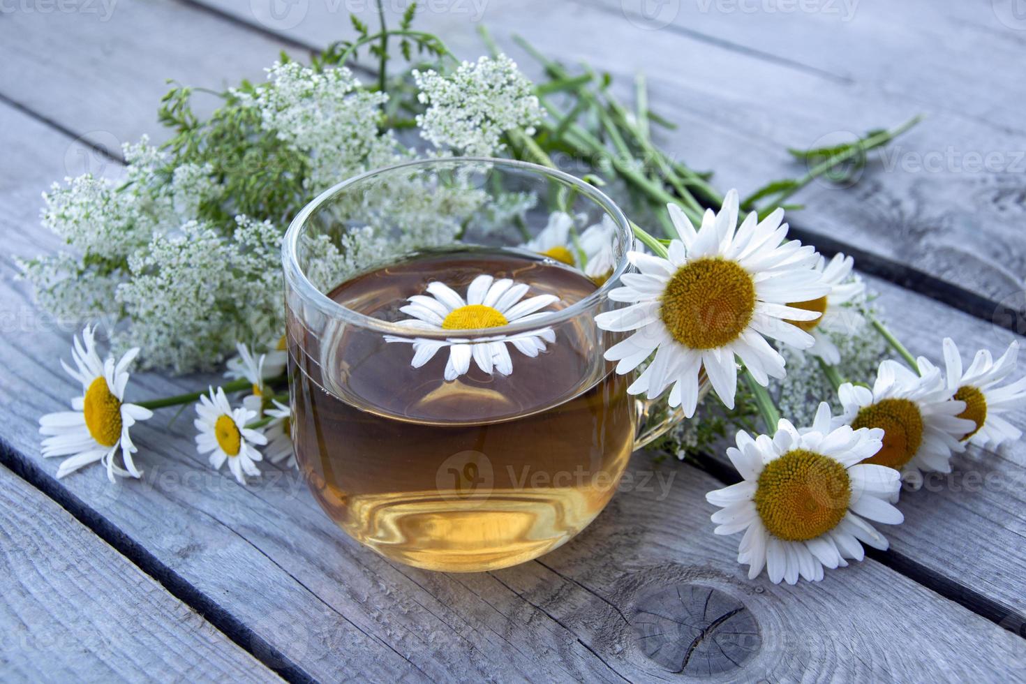 tè alla camomilla. natura morta estiva con fiori di campo e bevanda alla camomilla foto