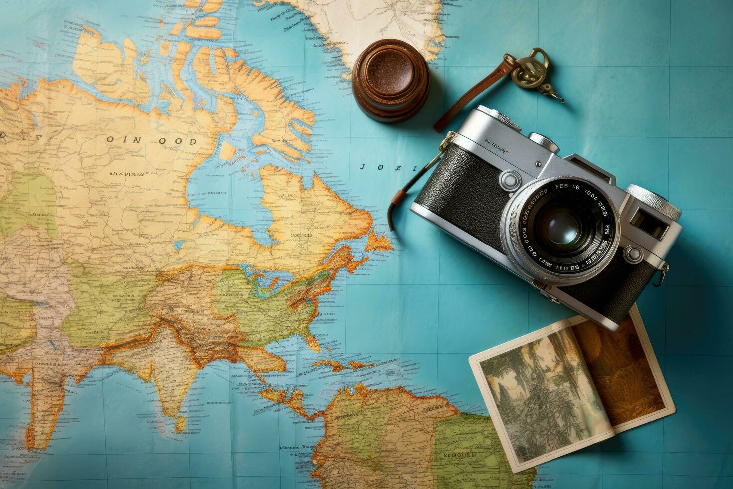 Vintage ▾ telecamera e vecchio carta geografica di il mondo. viaggio concetto, superiore Visualizza viaggio concetto con retrò telecamera film, carta geografica e passaporto su blu sfondo con copia spazio, ai generato foto