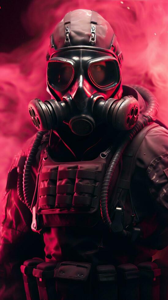 cyberpunk personaggio indossare gas maschera con rosa tema. generativo ai foto