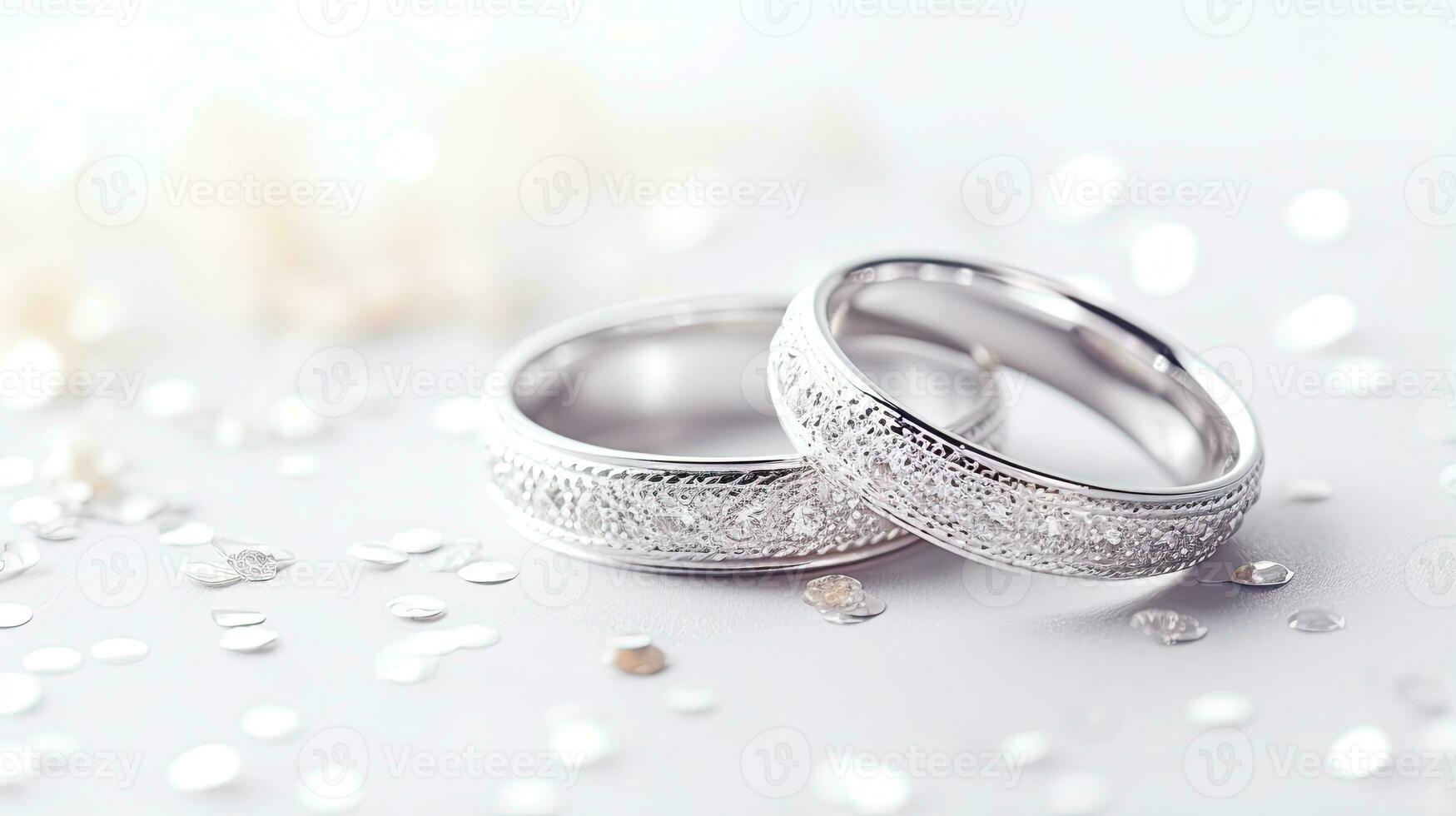 nozze anelli su un' bianca sfondo con scintille e stelle. generativo ai foto