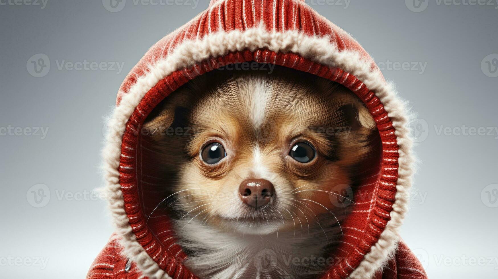 carino cane nel un' giacca e cappuccio nel il nevoso inverno per il Natale e nuovo anno vacanza foto