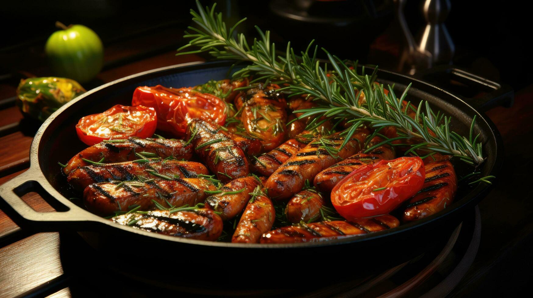 delizioso grigliato salsicce con pomodori nel un' frittura padella foto