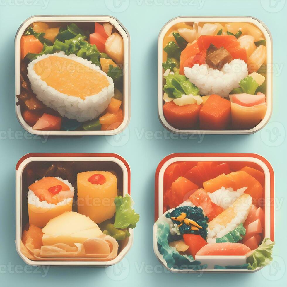 bento o giapponese pranzo scatola, salutare cibo consegna concetto. prendere lontano prendere lontano prendere lontano scatole con verdure e carne. foto