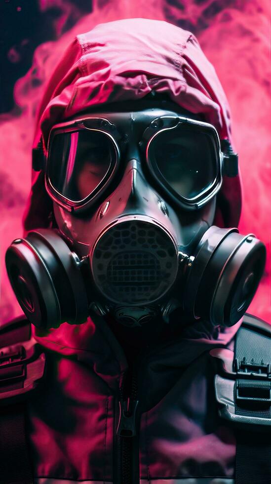 cyberpunk personaggio indossare gas maschera con rosa tema. generativo ai foto