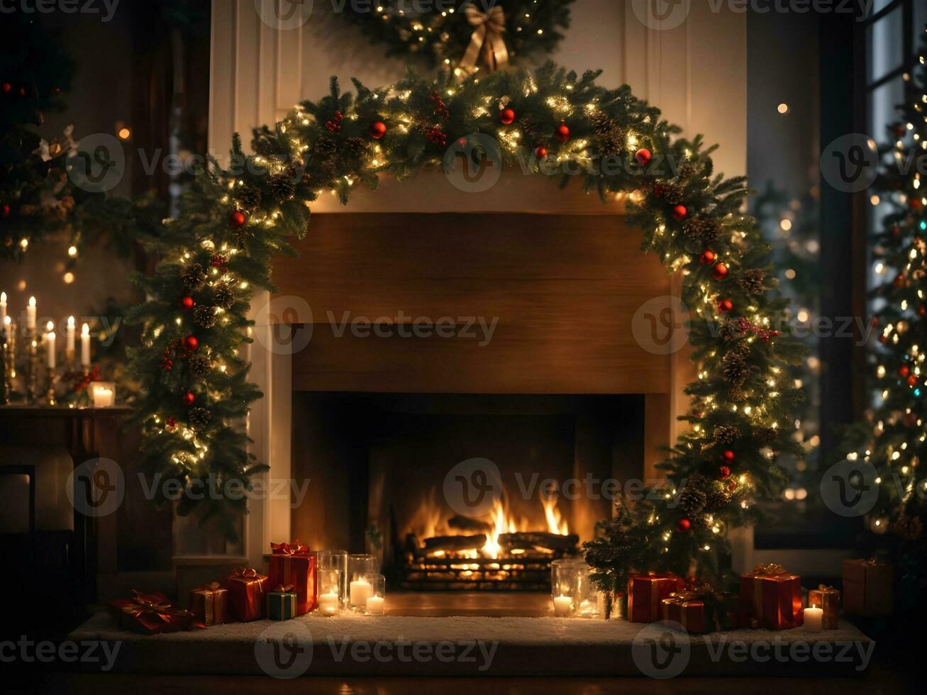 bellissimo Natale albero e camino su di legno pavimento nel accogliente vivente camera foto