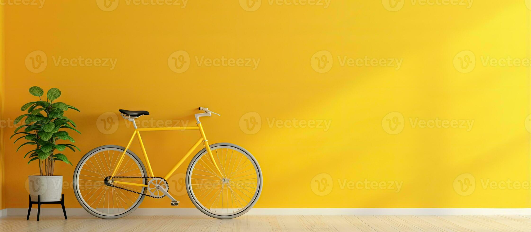 giallo luce del sole filtri in il interno dove un' veloce bicicletta riposa su il atterraggio foto