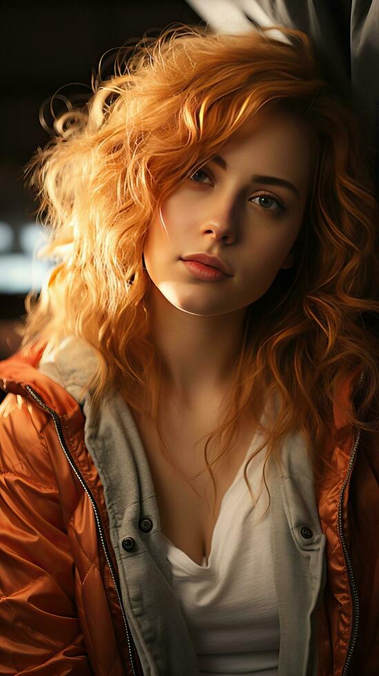 bella rosso testa donna con arancia giacca. generativo ai foto