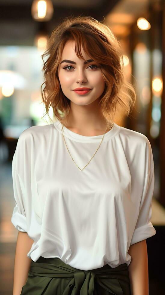 bellissimo donna indossare pianura bianca maglietta. generativo ai foto