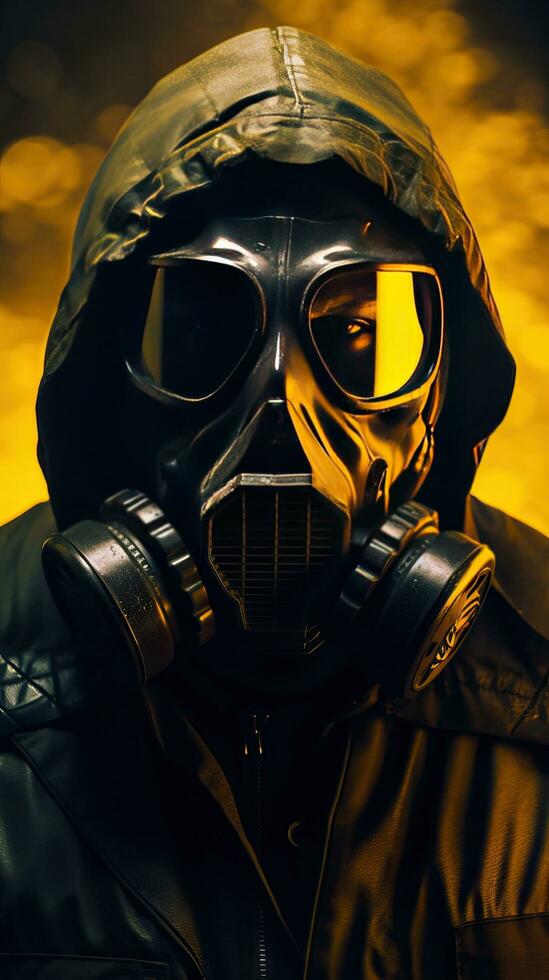 fantasia personaggio indossare gas maschera con giallo cyberpunk tema. generativo ai foto