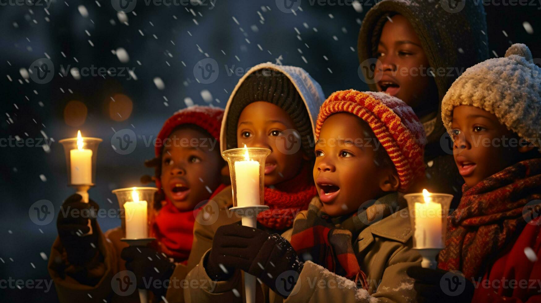 ai generativo le persone, bambini e adulti di diverso etnia e cultura, cantando Natale canti natalizi di notte con candela nel loro mani foto