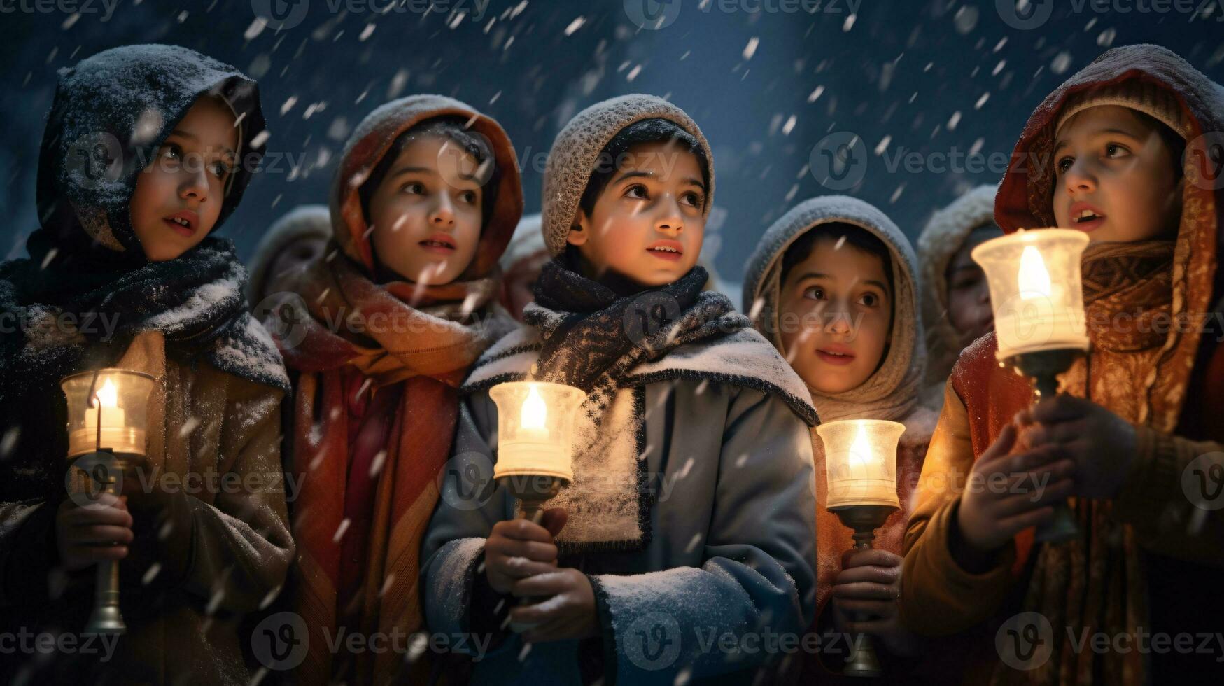ai generativo le persone, bambini e adulti di diverso etnia e cultura, cantando Natale canti natalizi di notte con candela nel loro mani foto