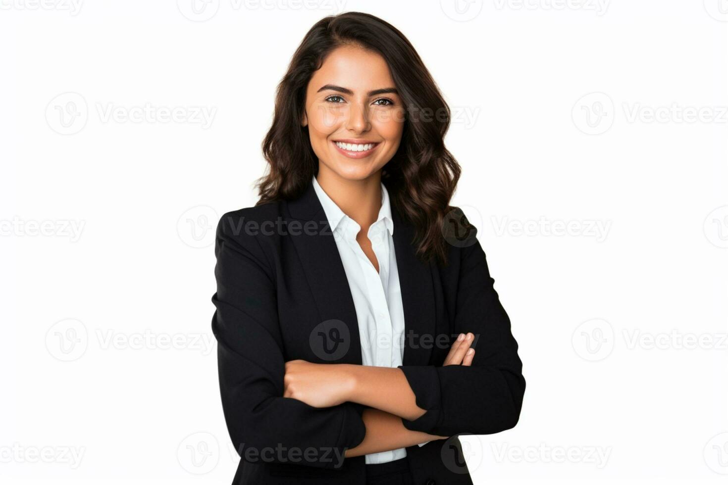 un' attività commerciale donna sta contro bianca sfondo con il suo braccia incrociato. ai generativo foto