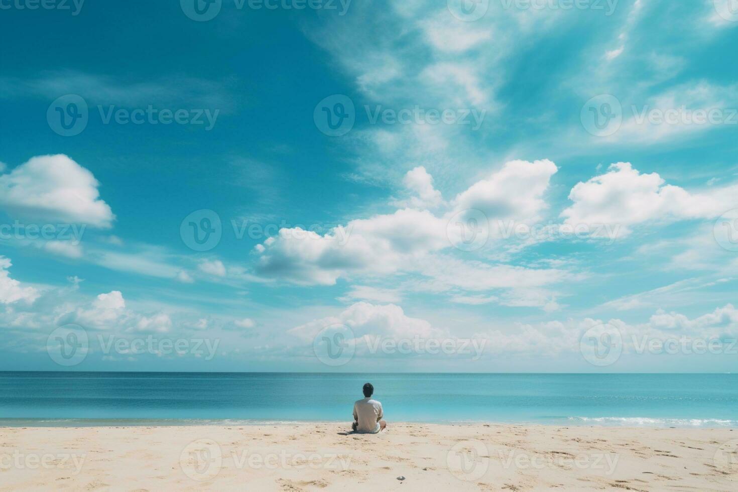 un' uomo su il ubicazione su il calma spiaggia ai generativo foto