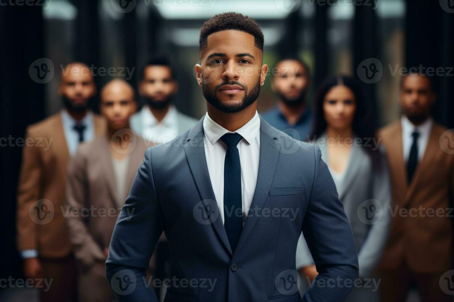 un africano uomo d'affari nel un' completo da uomo con e un' gruppo di persone nel il sfondo squadra capo concetto ai generativo foto