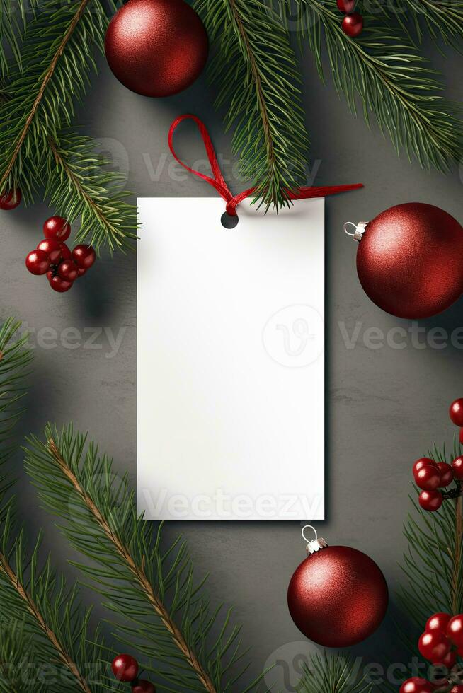 moderno regalo etichetta per Natale vacanza modello su grigio nero sfondo ai generato foto