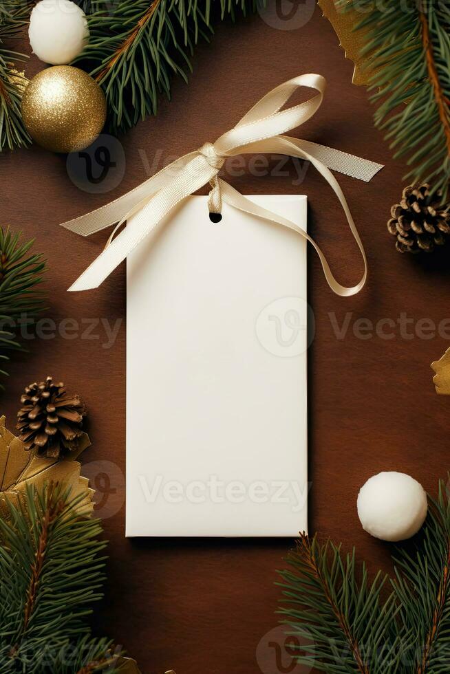 moderno regalo etichetta per Natale vacanza modello su Marrone sfondo ai generato foto