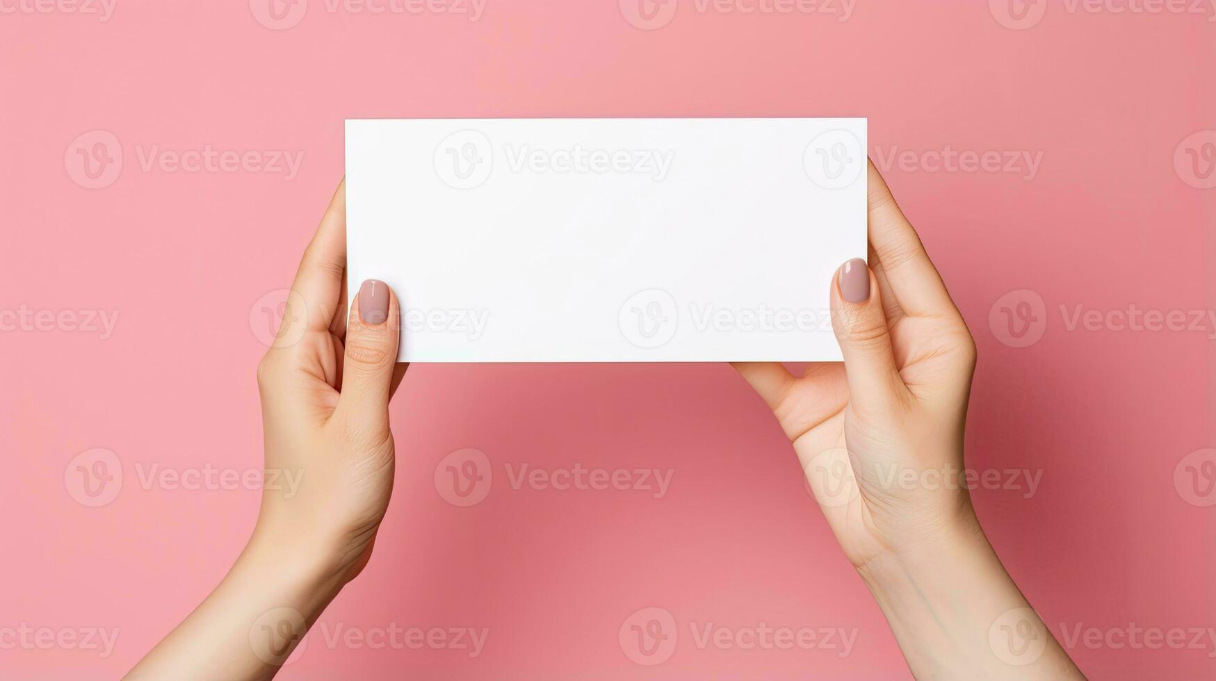 femmina mani con vuoto attività commerciale carta o sconto carta su piatto colore sfondo con copia spazio ai generato foto