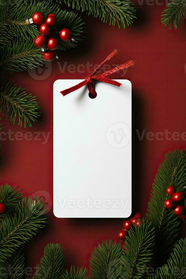 moderno regalo etichetta per Natale vacanza modello su rosso sfondo ai generato foto