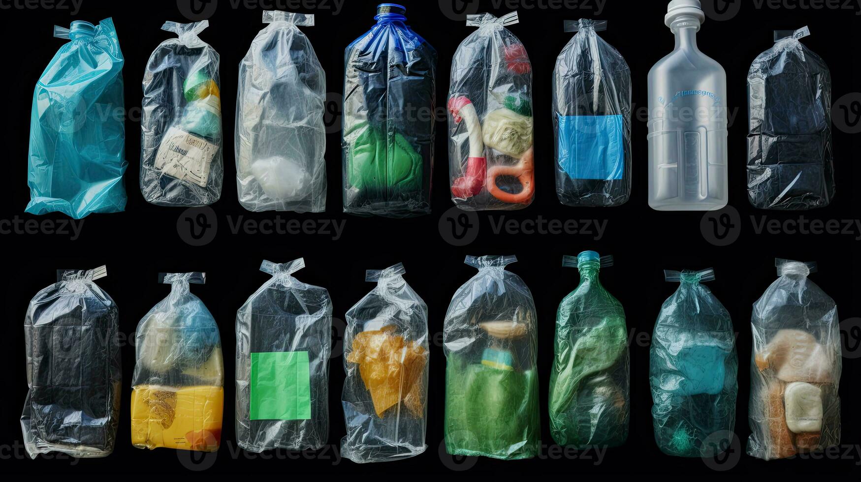 raccolta differenziata plastica borse collezione pieno con riciclabile bottiglie lattine e spazzatura ai generato foto