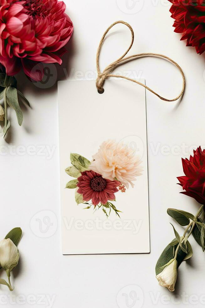 moderno regalo etichetta finto su con rosso fiore Perfetto per nozze ai generato foto
