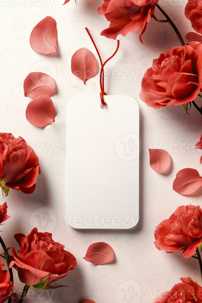 moderno vuoto San Valentino regalo etichetta modello con rosso rosa le foglie petali ai generato foto