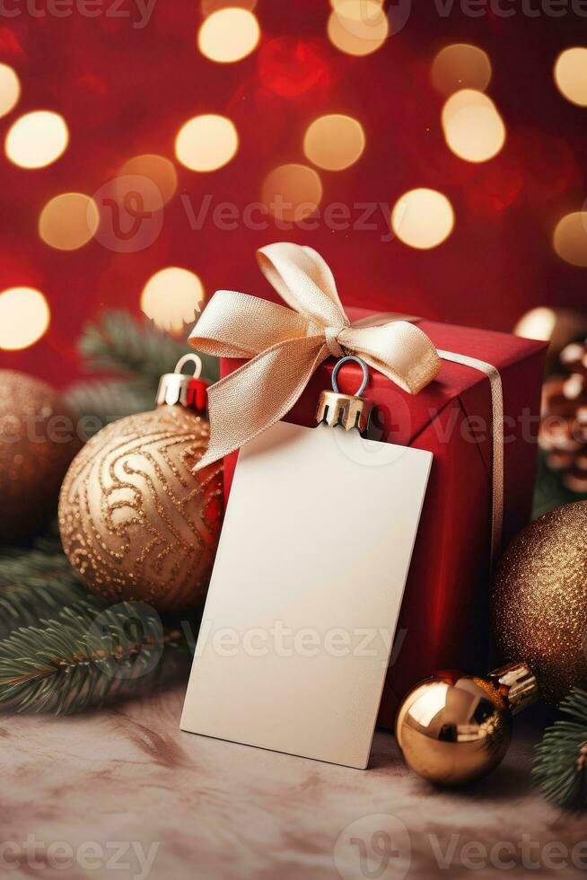 Natale regalo scatola con vuoto etichetta modello e sfocatura bokeh leggero ai generato foto