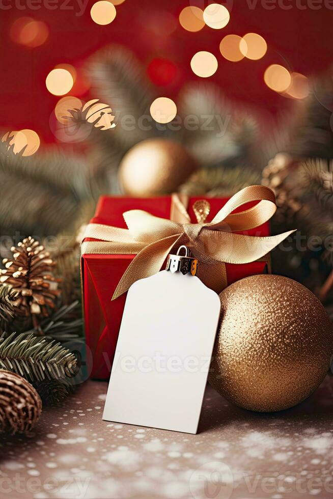 Natale regalo scatola con vuoto etichetta modello e sfocatura bokeh leggero ai generato foto