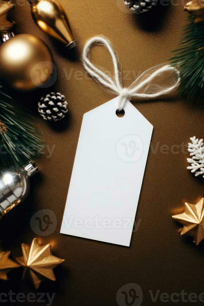 moderno regalo etichetta per Natale vacanza modello su oro sfondo ai generato foto