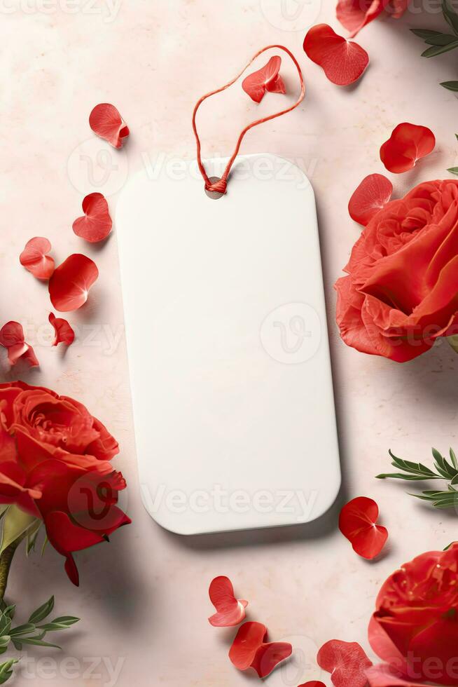 moderno vuoto San Valentino regalo etichetta modello con rosso rosa le foglie petali ai generato foto