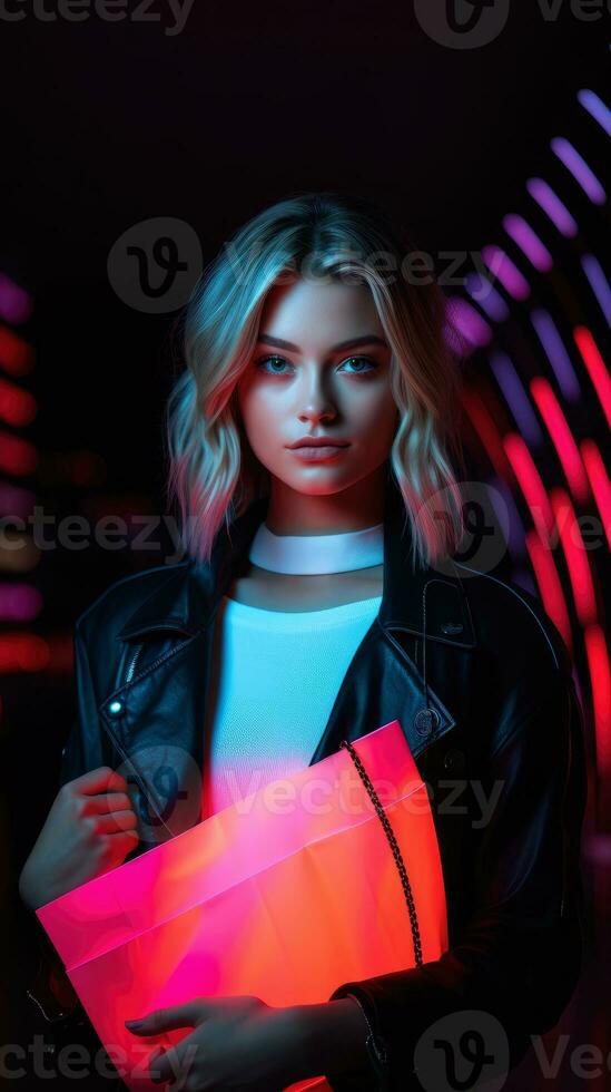 donna nel neon leggero cyberpunk buio sfondo con shopping borse nel nero venerdì, informatica Lunedi i saldi concetto ai generato foto