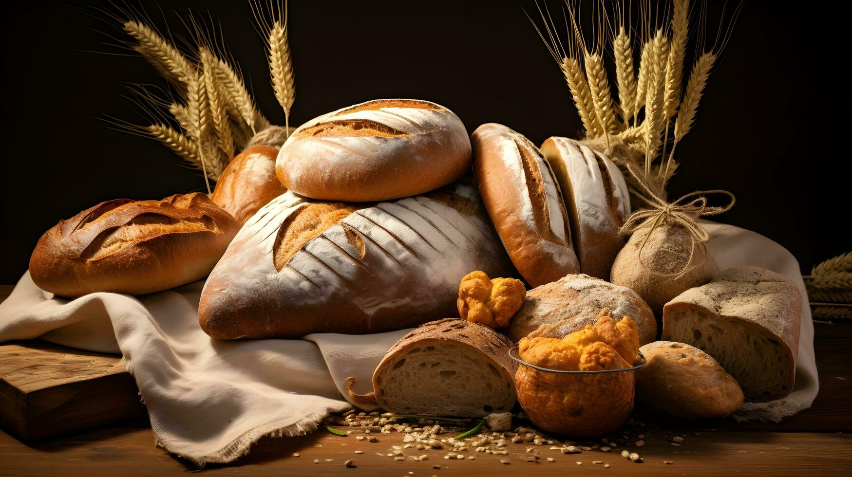 appena al forno pane assortimento, Grano steli, di legno tavolo foto