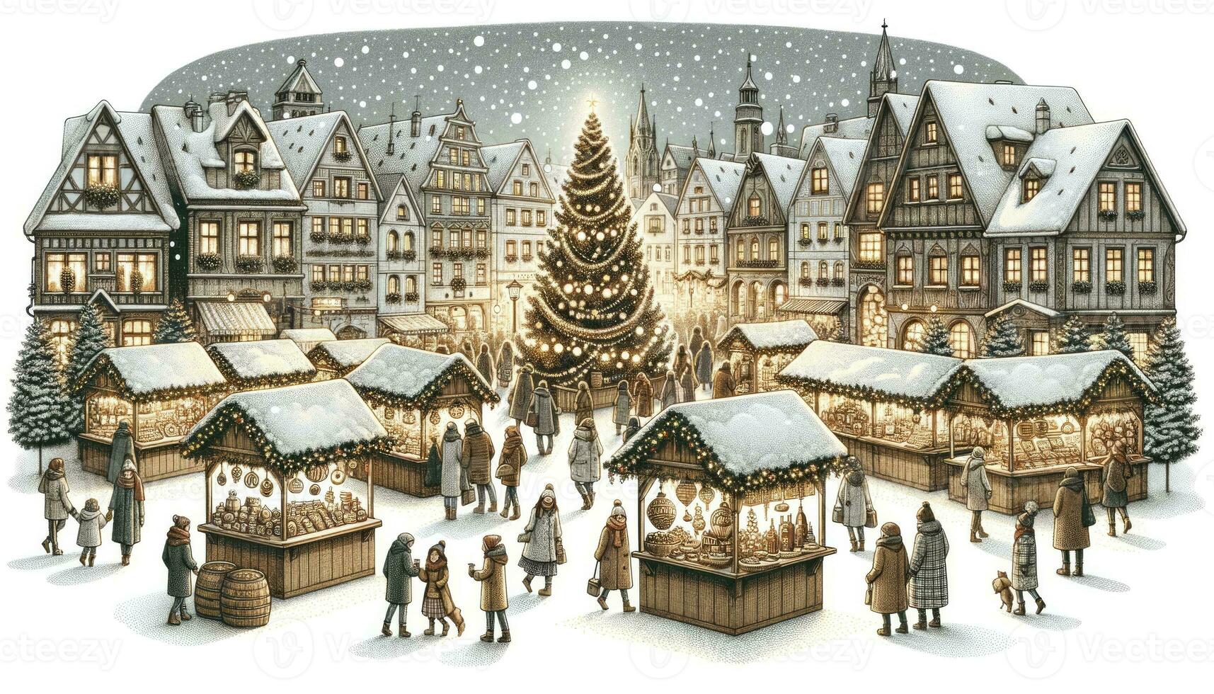 un' vivace Natale mercato nel un' cittadina piazza con di legno bancarelle, cittadini, e un' centrale Natale albero. ai generato foto