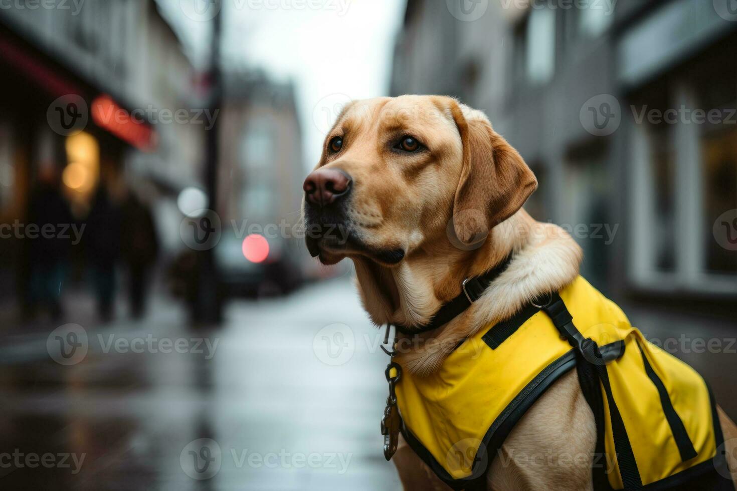 guida cane nel un' giallo veste su il strada con suo proprietario generativo ai foto